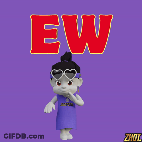 A Cartoon Character Wearing Heart Shaped Sunglasses Stands In Front Of The Word Ew On A Purple Background GIF