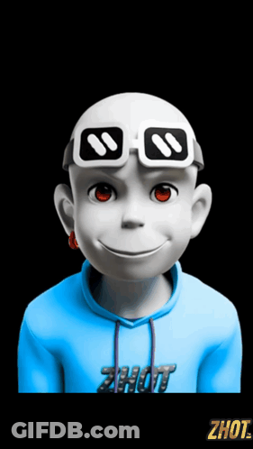 A Cartoon Character Wearing Sunglasses And A Blue Hoodie With The Word Zhot On It GIF