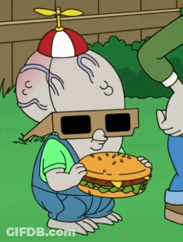 Cartoon Character With Sunglasses And Hat Holding Hamburger GIF