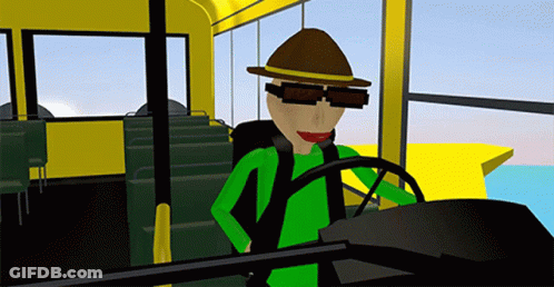 A Cartoon Character Wearing Sunglasses And A Hat Is Driving A Yellow Bus GIF