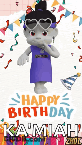 A Cartoon Character Wearing Sunglasses And A Purple Dress Is Standing In Front Of A Happy Birthday Card . GIF