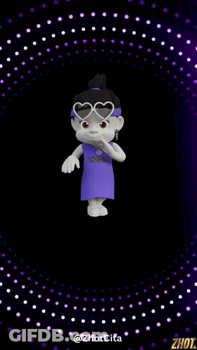 A Cartoon Character Wearing Sunglasses And A Purple Dress Is Surrounded By Balloons And Fireworks And Says Happy GIF
