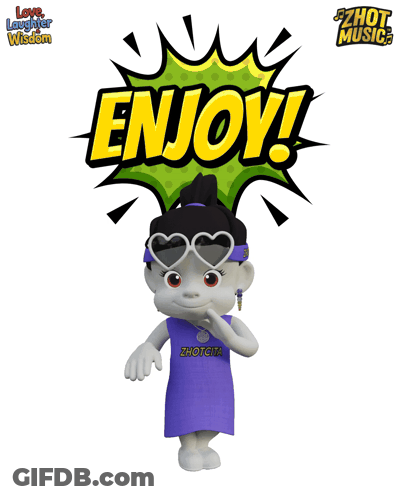 A Cartoon Character Wearing Sunglasses And A Purple Shirt That Says " Enjoy " GIF