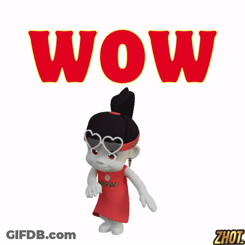 A Cartoon Character Wearing Sunglasses And A Red Dress With The Word Wow Behind Her GIF