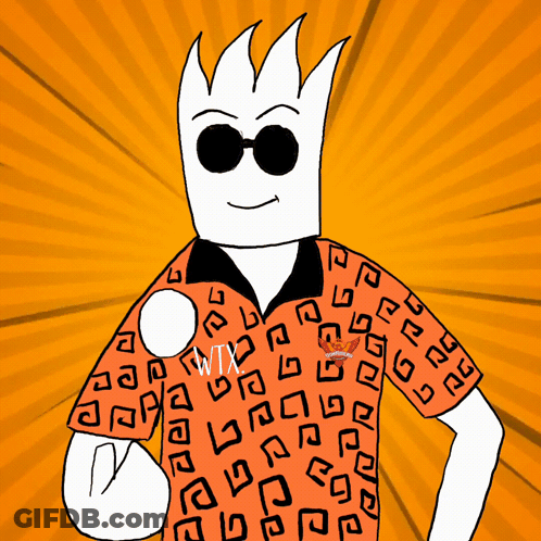 A Cartoon Character Wearing Sunglasses And An Orange Shirt That Says ' Avtx ' On It GIF