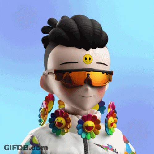 A Cartoon Character Wearing Sunglasses And Earrings With Smiley Faces On Them GIF