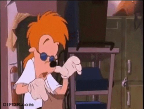 A Cartoon Character Wearing Sunglasses And Gloves Is Standing In A Room GIF