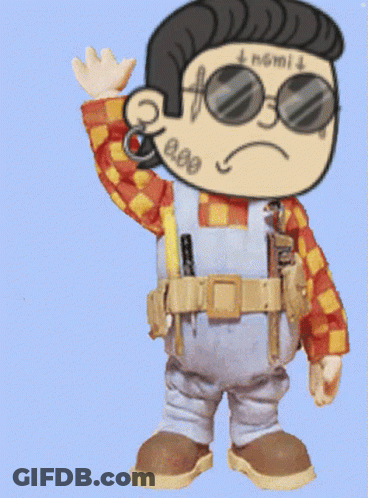 A Cartoon Character Wearing Sunglasses And Overalls Has The Word Enemy On His Face GIF