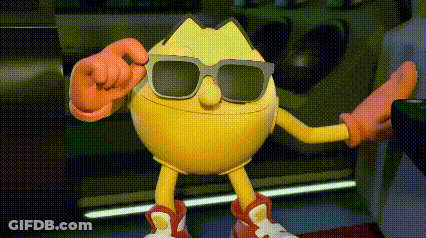 A Cartoon Character Wearing Sunglasses And Red Gloves Is Standing In A Room . GIF