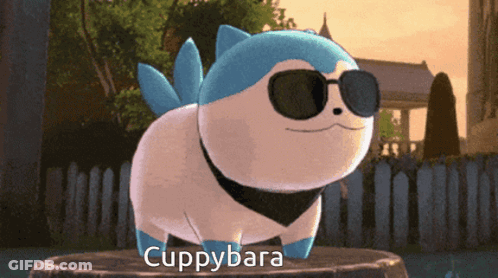 A Cartoon Character Wearing Sunglasses Has The Name Cuppybara On The Bottom GIF