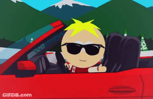 A Cartoon Character Wearing Sunglasses Is Driving A Red Convertible . GIF