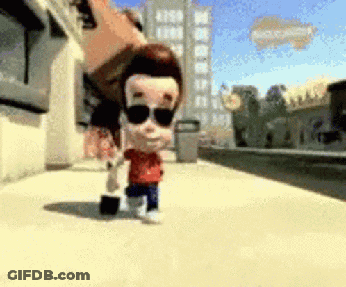 A Cartoon Character Wearing Sunglasses Is Walking Down The Street GIF