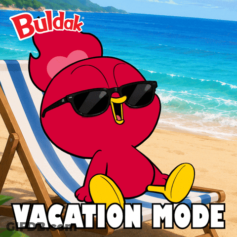 A Cartoon Character Wearing Sunglasses Sits On A Beach Chair With The Words " Vacation Mode " Below Him GIF