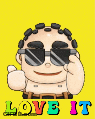 A Cartoon Character Wearing Sunglasses With The Words Very Cool Love It GIF