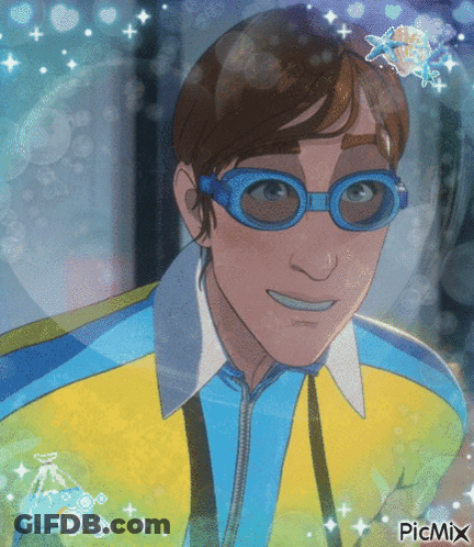 A Cartoon Character Wearing Swimming Goggles And A Yellow And Blue Jacket GIF