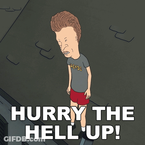 A Cartoon Character With A Ac Dc Shirt On Says Hurry The Hell Up GIF