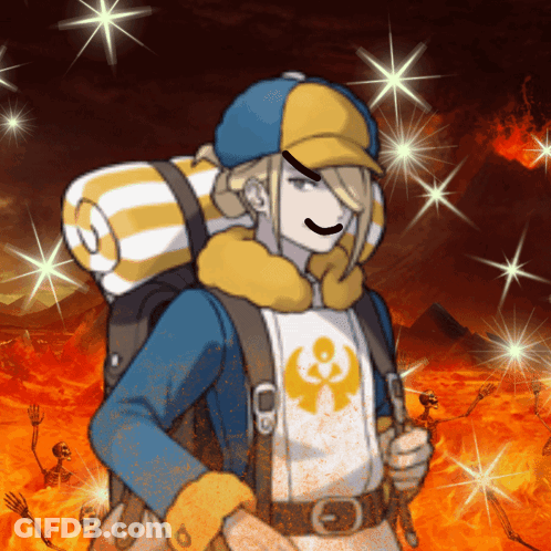 A Cartoon Character With A Backpack And A Blanket On His Back Is Smiling GIF
