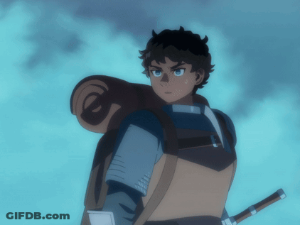 A Cartoon Character With A Backpack And Sword GIF