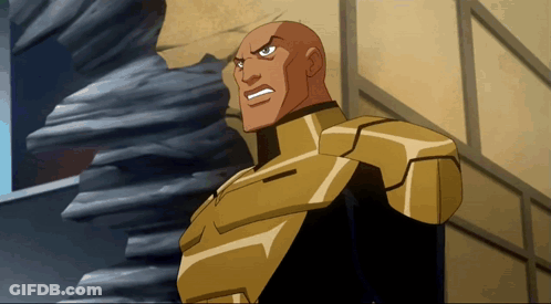 A Cartoon Character With A Bald Head And Gold Armor GIF