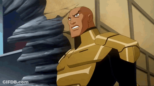 A Cartoon Character With A Bald Head Wearing A Gold Armor GIF