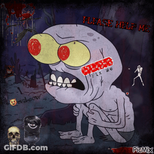 A Cartoon Character With A Bandage On His Face And The Words Please Help Me On The Bottom GIF