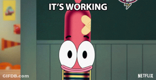 A Cartoon Character With A Bandage On His Head And The Words " It 'S Working " GIF