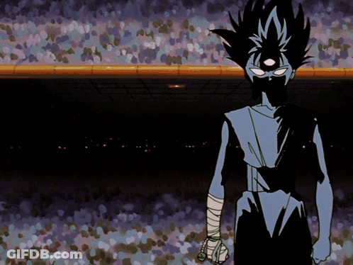 A Cartoon Character With A Bandaged Arm Is Standing In A Dark Room GIF