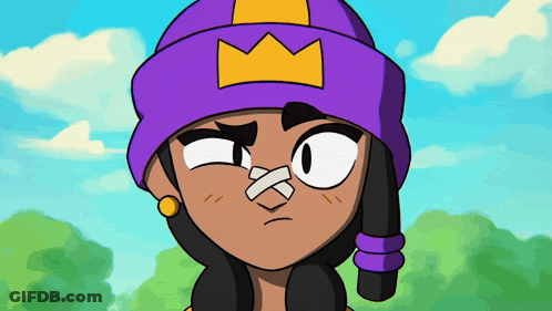 A Cartoon Character With A Bandaged Nose And A Purple Hat With A Crown On It GIF