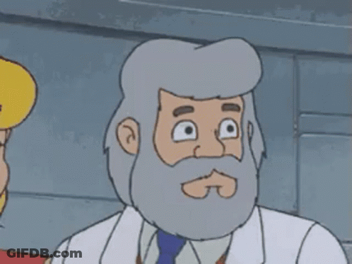 A Cartoon Character With A Beard And A White Coat Is Looking At The Camera . GIF