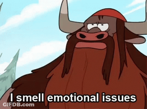 A Cartoon Character With A Beard And Horns Says I Smell Emotional Issues GIF