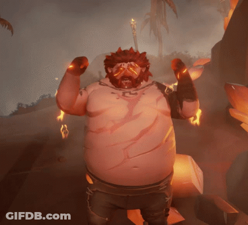 A Cartoon Character With A Beard Is Standing In A Field With Flames Coming Out Of His Arms GIF