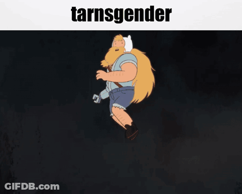 A Cartoon Character With A Beard Is Surrounded By Green Plants And Says Tarnsgender GIF