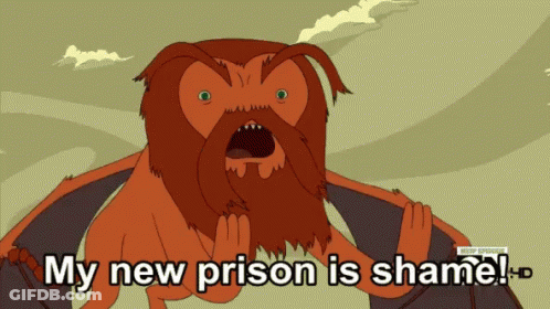 A Cartoon Character With A Beard Says " My New Prison Is Shame ! " GIF