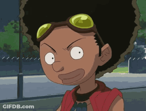 A Cartoon Character With A Big Afro Wearing Goggles And A Red Shirt GIF