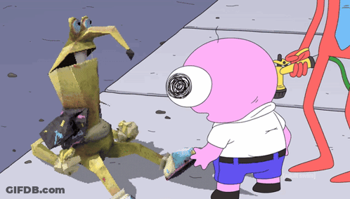 A Cartoon Character With A Big Eye Is Standing Next To A Cartoon Character Holding A Hose GIF