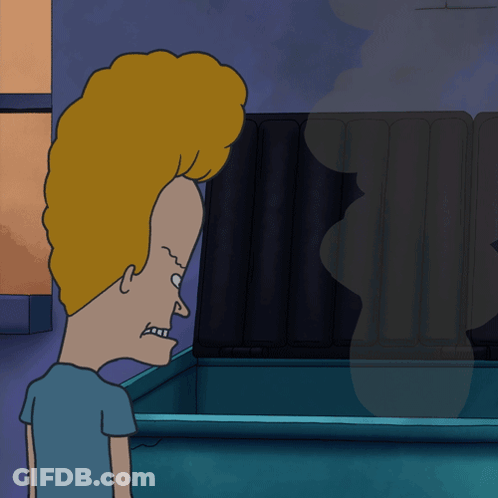 A Cartoon Character With A Big Head Is Standing In Front Of A Dumpster GIF