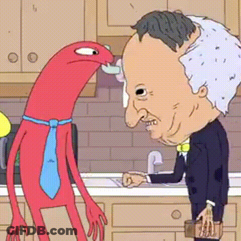 A Cartoon Character With A Big Head Is Standing Next To A Cartoon Character With A Blue Tie . GIF