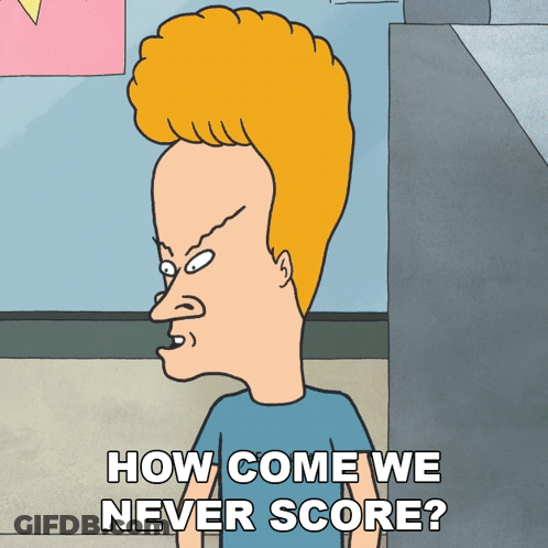 A Cartoon Character With A Big Head Says " How Come We Never Score " GIF