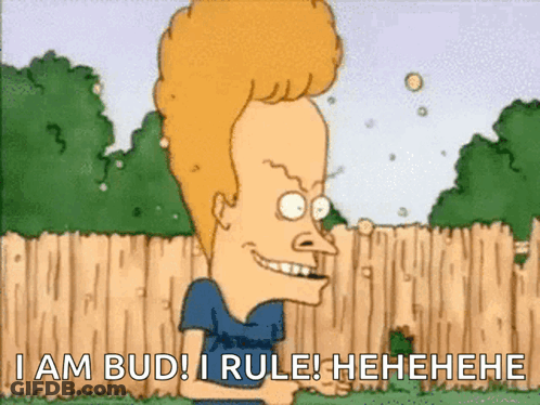 A Cartoon Character With A Big Head Says I Am Bud I Rule GIF