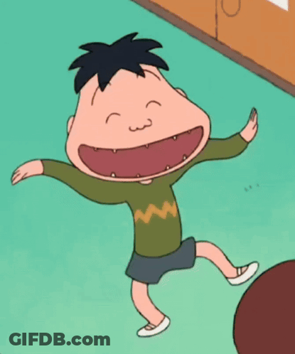 A Cartoon Character With A Big Mouth Is Laughing With His Arms Outstretched GIF
