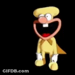 A Cartoon Character With A Big Smile On His Face Is Sitting Next To A Box GIF