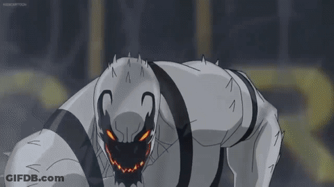 A Cartoon Character With A Black And White Striped Body Is Standing In A Dark Room . GIF