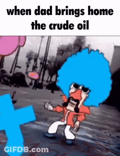 A Cartoon Character With A Blue Afro And Sunglasses Is Dancing On A Street . GIF