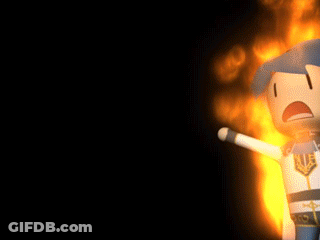 A Cartoon Character With A Blue Cape Stands In Front Of A Fire GIF