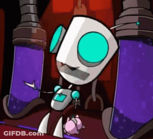 A Cartoon Character With A Blue Eye Is Standing Next To A Purple Container GIF