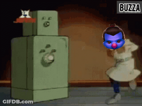 A Cartoon Character With A Blue Face And The Word Buzza On The Bottom Right GIF