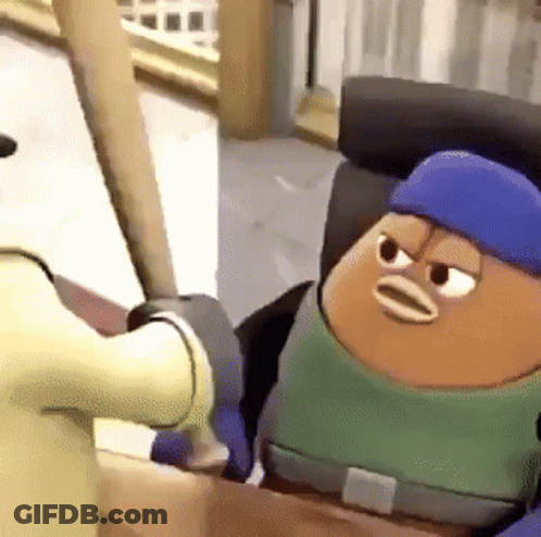 A Cartoon Character With A Blue Hat And A Green Shirt Is Sitting In A Box . GIF