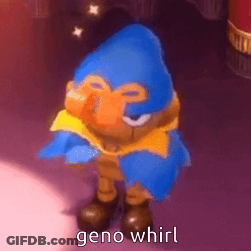 A Cartoon Character With A Blue Hat And A Yellow Scarf Is Standing On A Purple Surface . GIF
