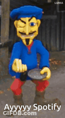 A Cartoon Character With A Blue Hat And Red Pants Is Holding A Plate With The Words Ayyyyy Spotify On The Bottom GIF