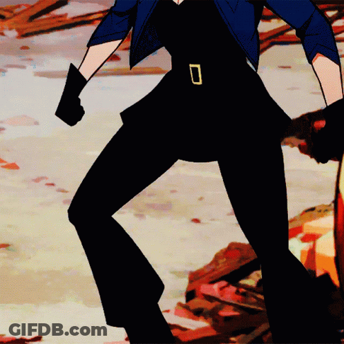 A Cartoon Character With A Blue Jacket And Black Pants Has A Belt With The Letter O On It GIF